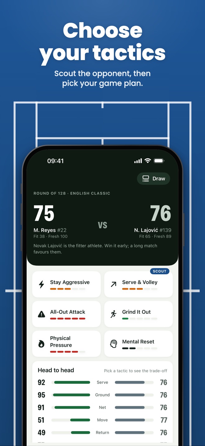 Choose your tactics — Scout the opponent, then pick your game plan.