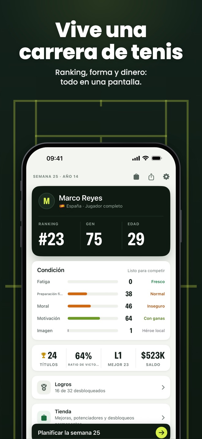 Vive una carrera de tenis — Ranking, forma y dinero: todo en una pantalla.