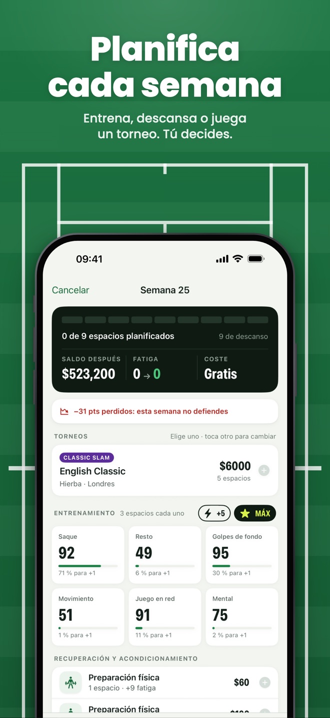 Planifica cada semana — Entrena, descansa o juega un torneo. Tú decides.