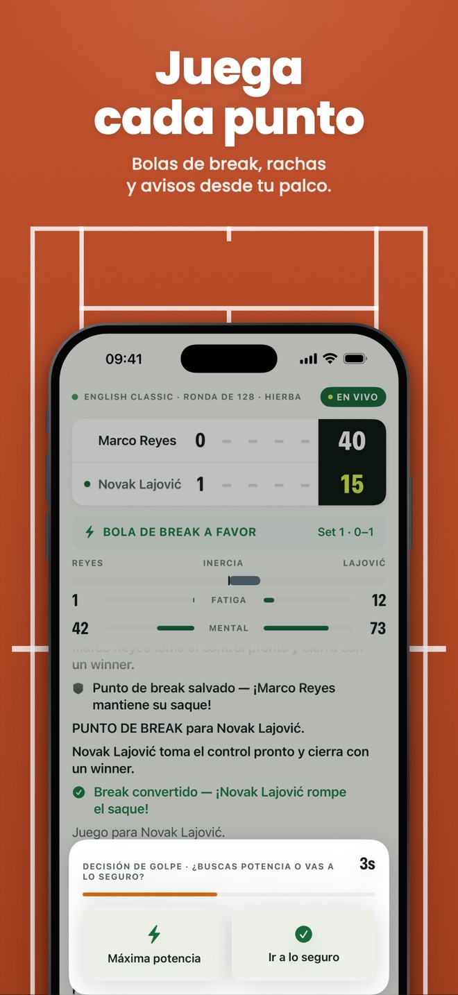 Juega cada punto — Bolas de break, rachas y avisos desde tu palco.