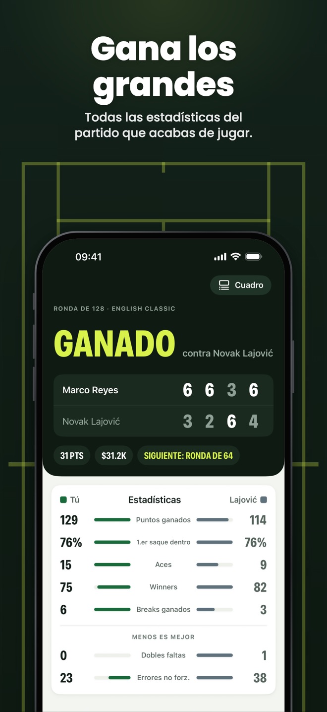 Gana los grandes — Todas las estadísticas del partido que acabas de jugar.