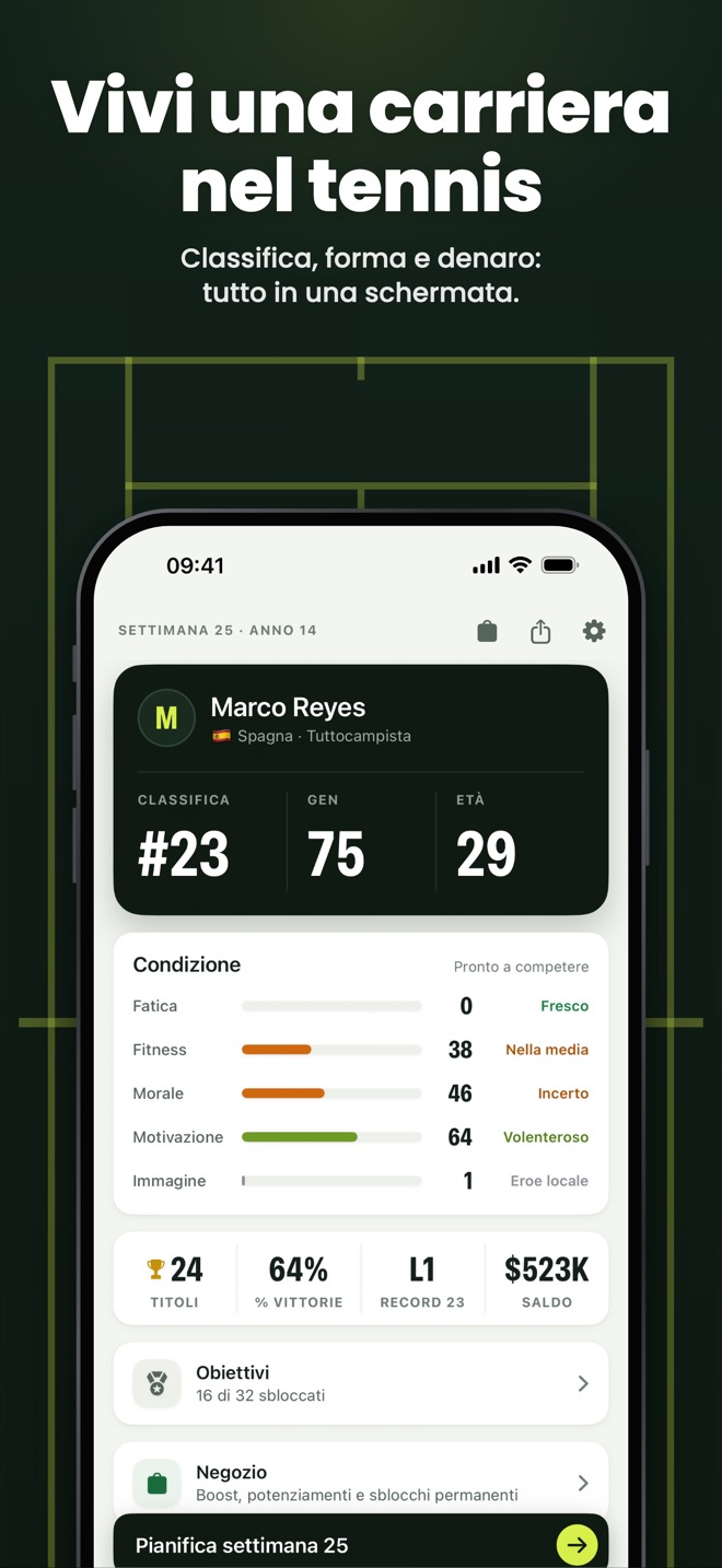 Vivi una carriera nel tennis — Classifica, forma e denaro: tutto in una schermata.