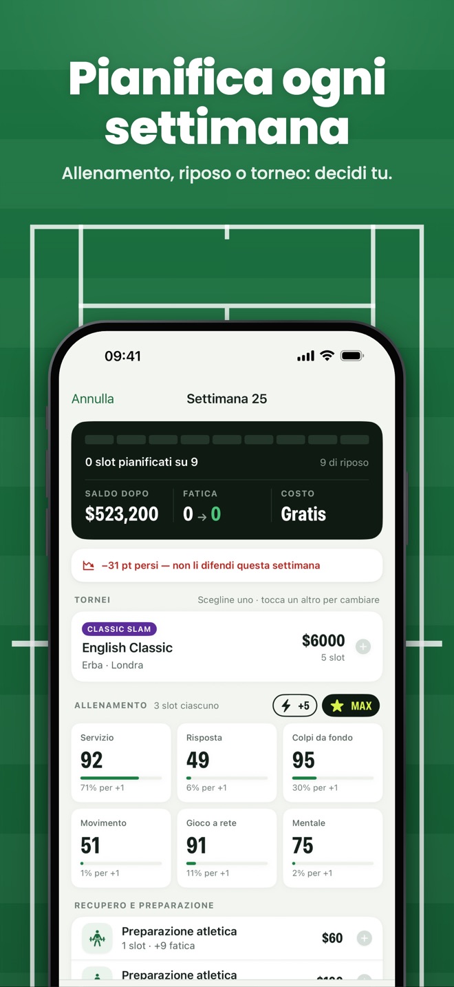 Pianifica ogni settimana — Allenamento, riposo o torneo: decidi tu.