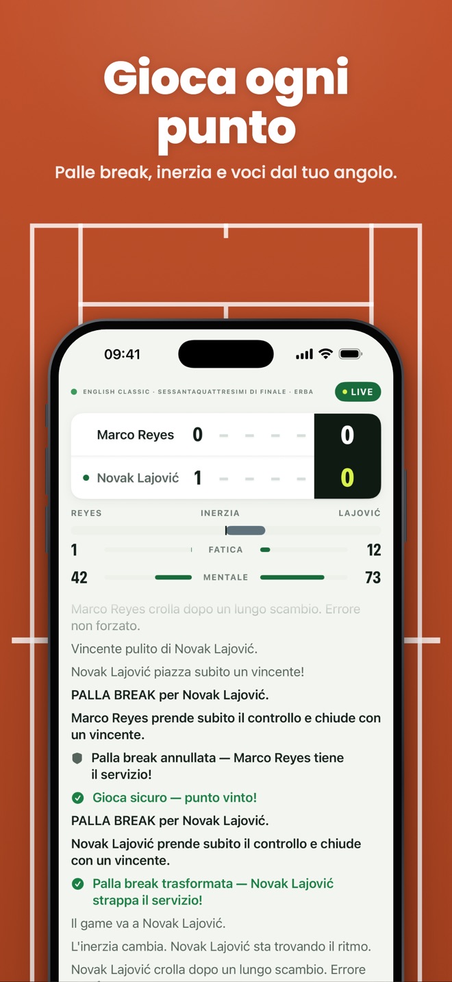 Gioca ogni punto — Palle break, inerzia e voci dal tuo angolo.